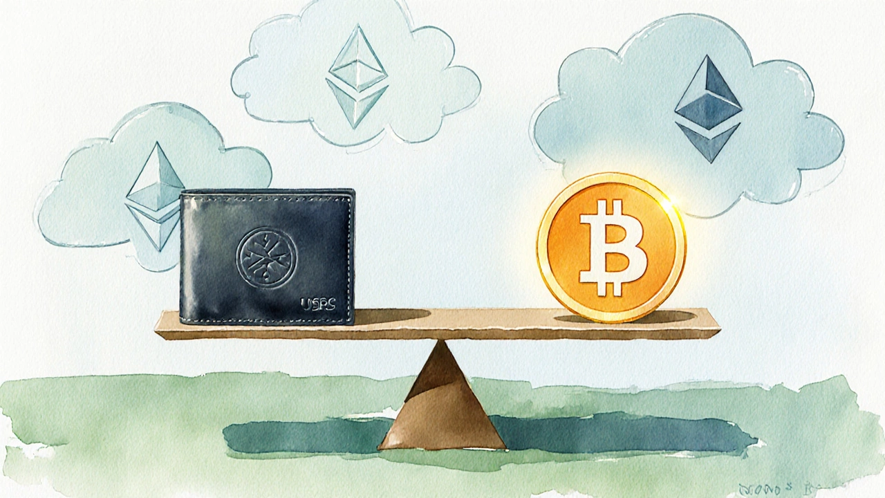 Balanced composition of hardware wallet and stablecoin coin symbolizing portfolio allocation.
