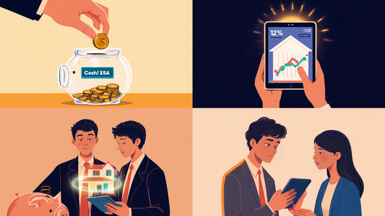 Collage of four scenes illustrating cash, stocks, lifetime, and innovative finance ISAs.