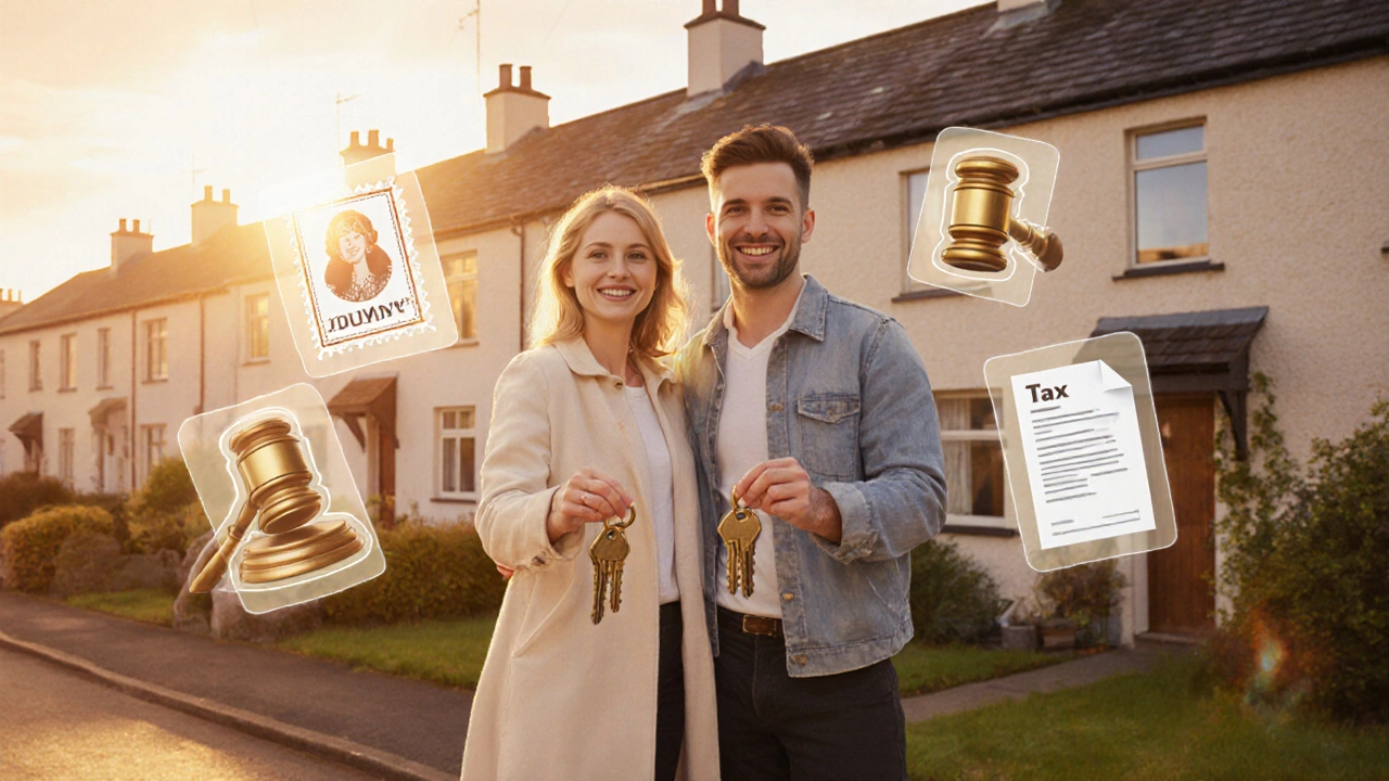 Couple holding house keys in front of a small terraced home with floating cost icons.