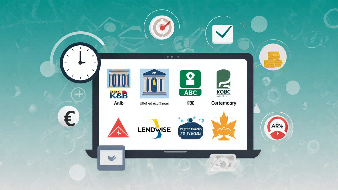 Digital collage of Irish bank icons with symbols for fast approval, loan limits, credit scores, and APR.