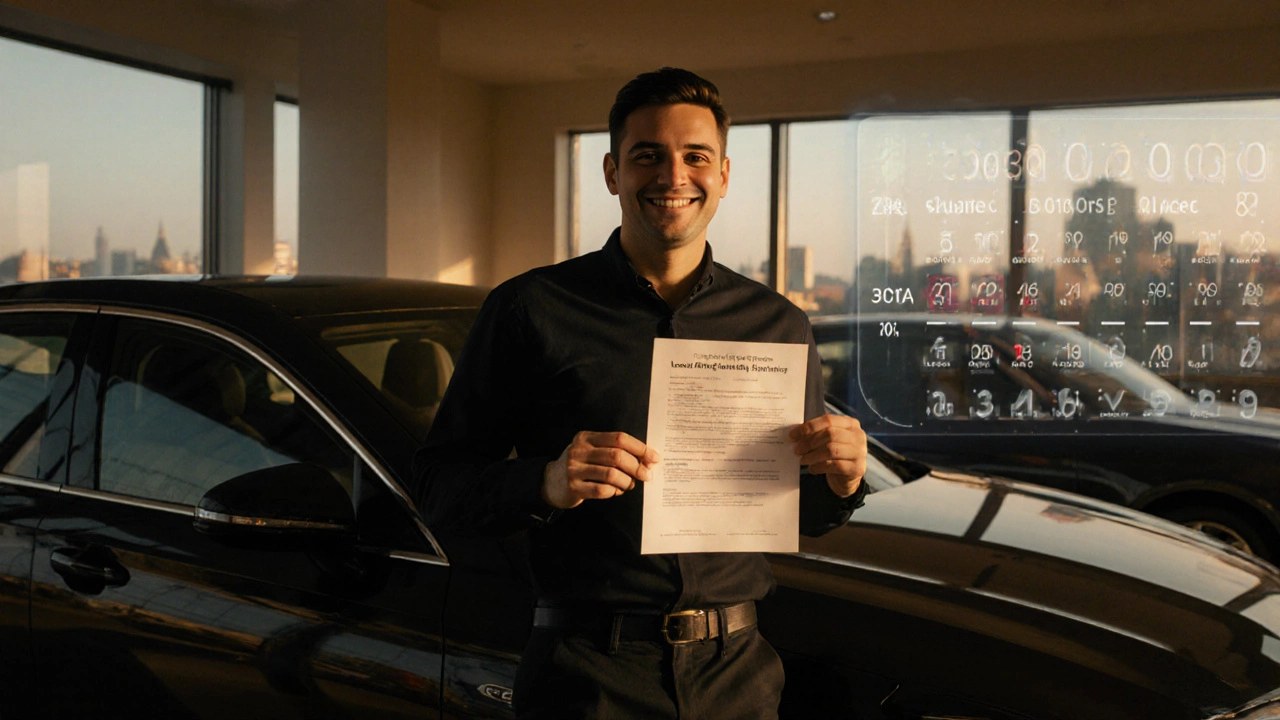 Driver holds loan approval with 3.3% APR beside new car in showroom.
