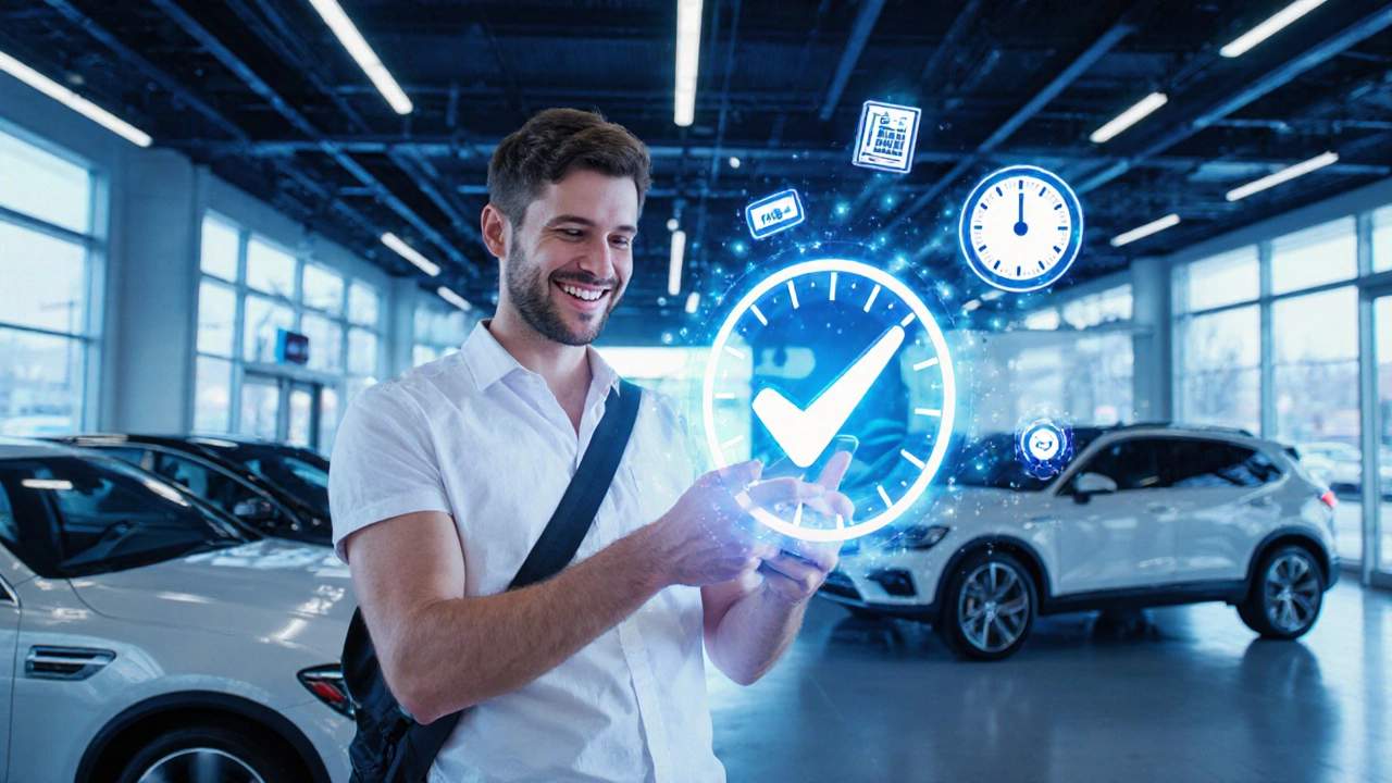 Driver receiving instant loan approval notification on phone at dealership.