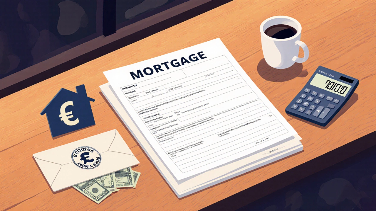 Flat‑lay of mortgage forms, calculator, student loan envelope, and euros on a table.