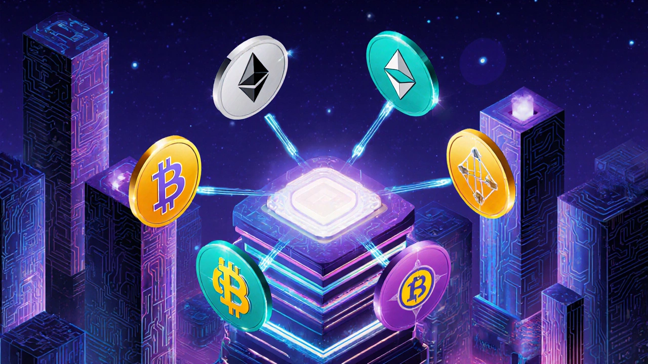 Futuristic network of floating cryptocurrency icons linked by glowing lines.
