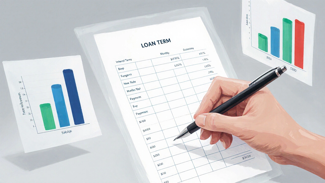 Hand with pen over semi‑transparent paper showing blurred loan data and colorful bar graphs.
