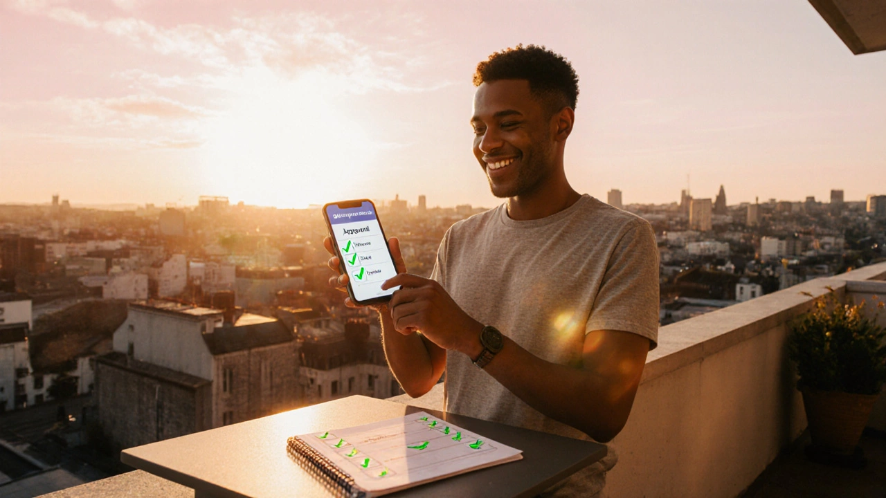 Happy individual holding phone with approval glow, checklist ticked, bright city balcony backdrop.