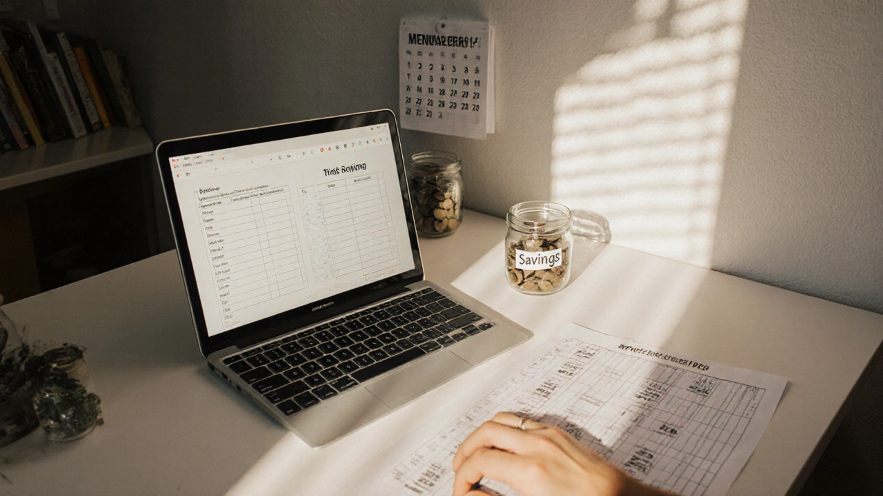 Home office scene with laptop budgeting template, expense sheet, savings jar, and calendar reminder.