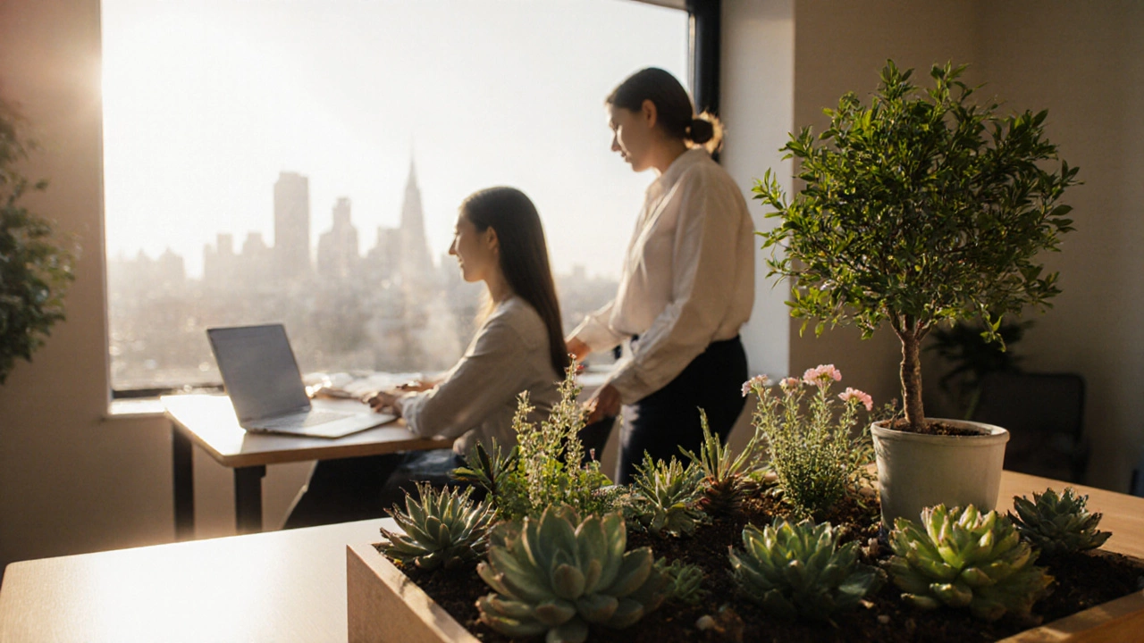 Home office with adviser, person, window view, and diverse plants on desk representing assets.
