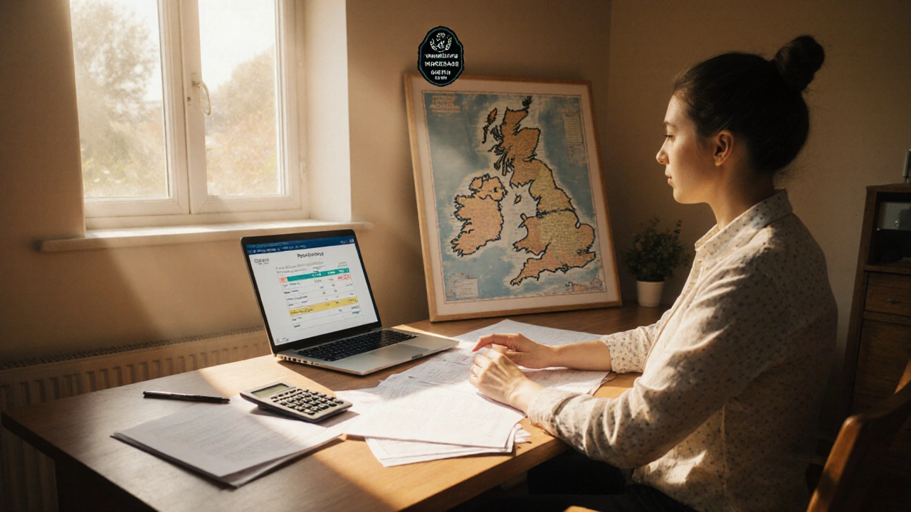 Homeowner at a desk with mortgage papers, calculator and laptop, warm morning light.