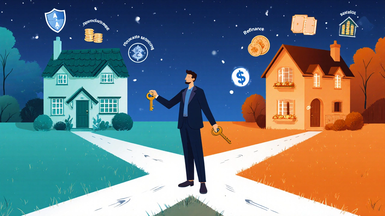Homeowner at a forked path holding keys, one side a British cottage, other an American house.