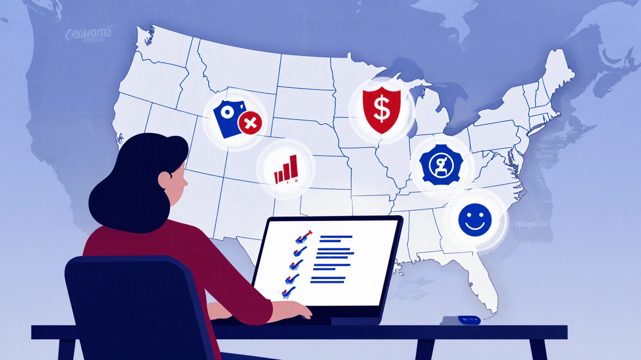 Homeowner reviews a checklist with icons for price, coverage, financial strength, and satisfaction.