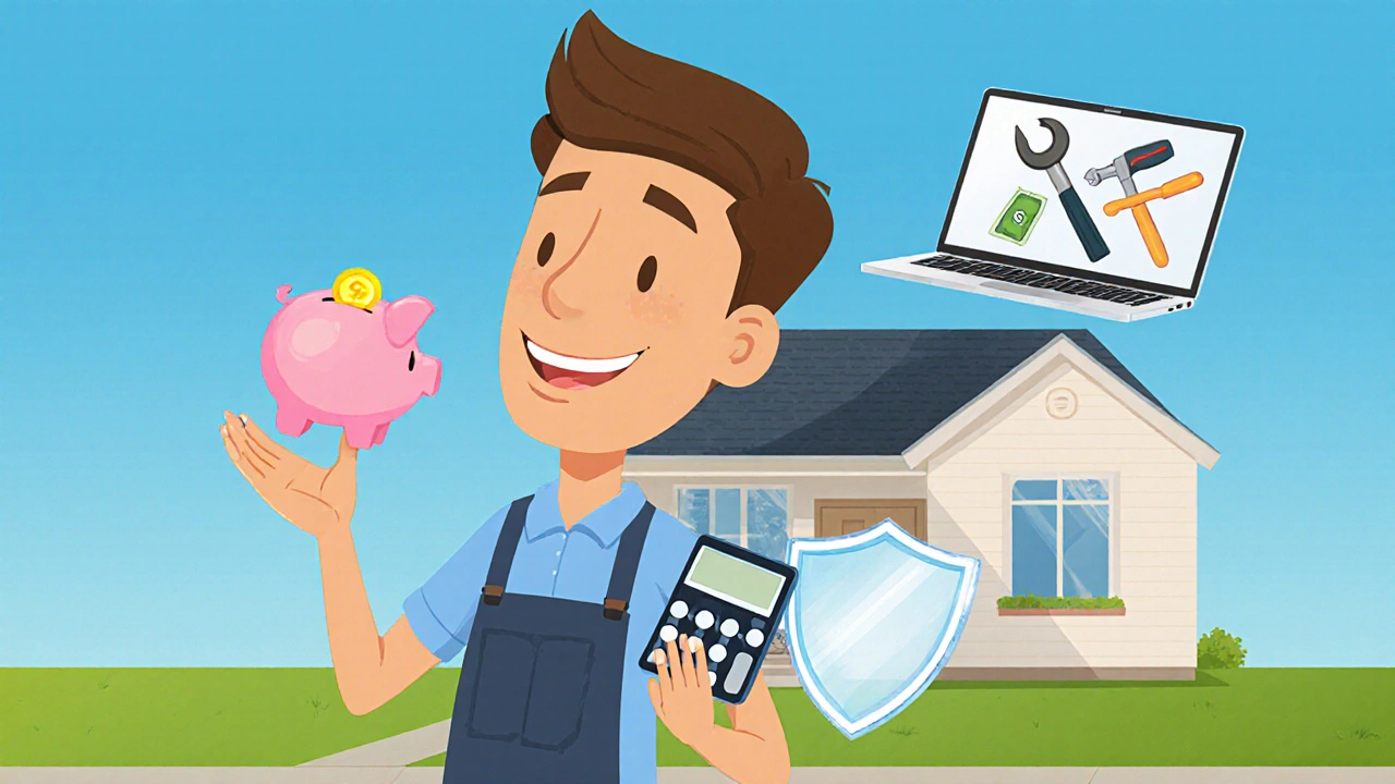 Homeowner with calculator, piggy bank, laptop, and shield beside a house, showing safer financial options.