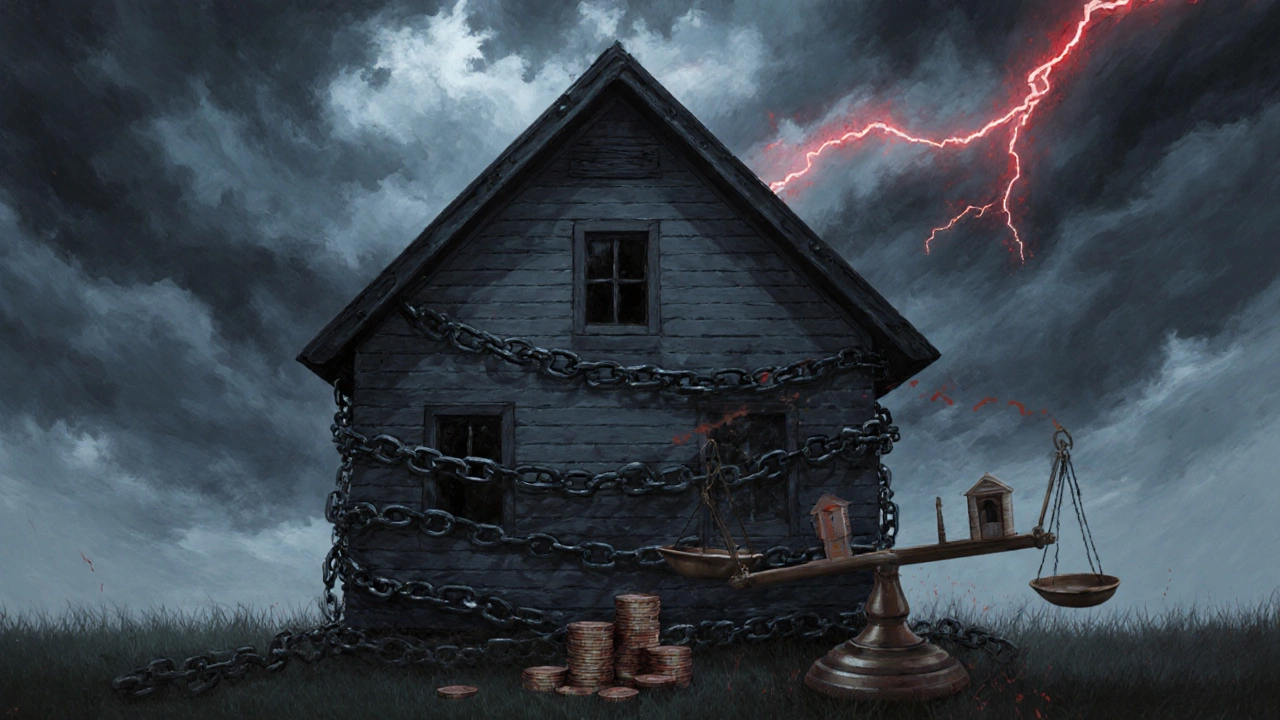 House surrounded by heavy chains and storm clouds, illustrating hidden borrowing costs.