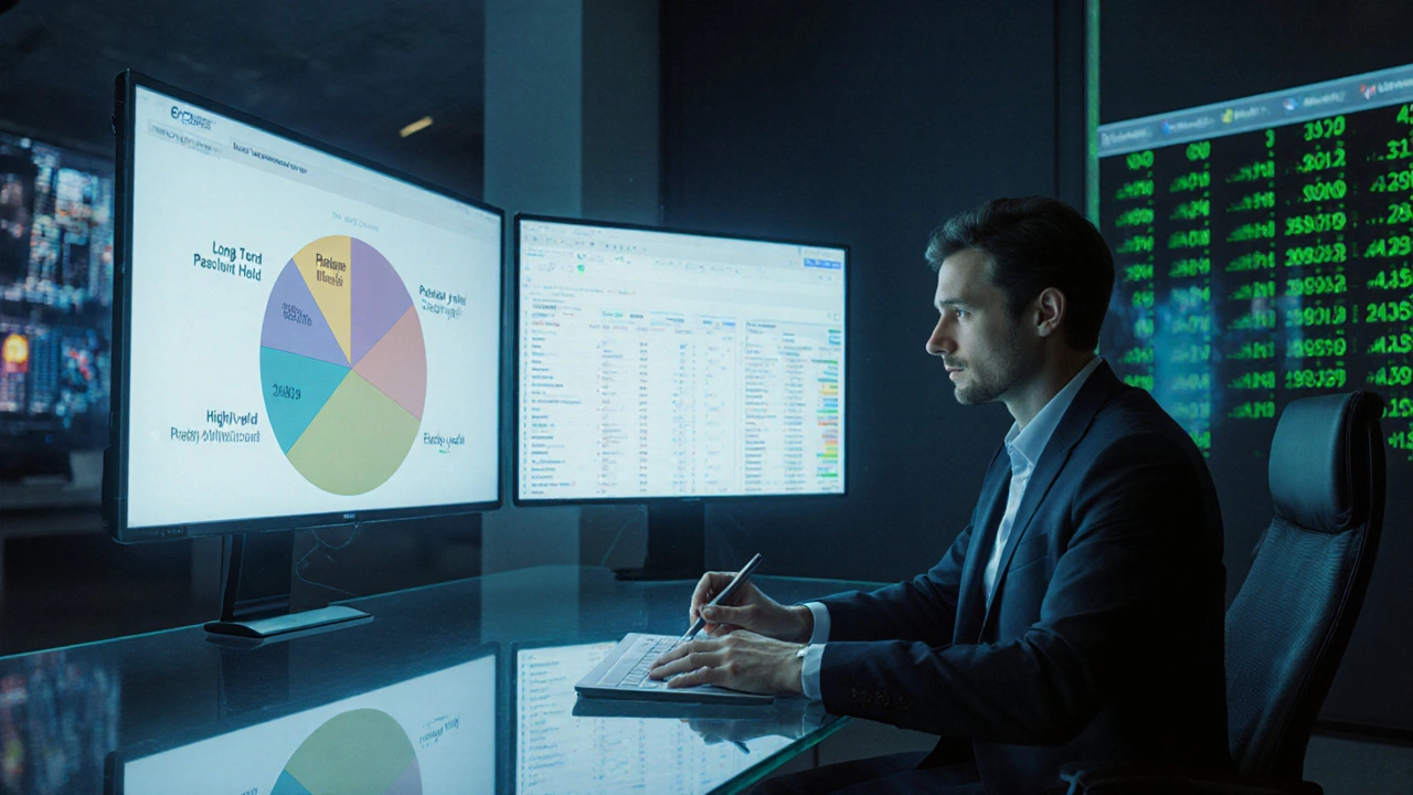 Investor at a glass desk reviewing holographic portfolio, tax ledger, and crypto ticker in a dark office.