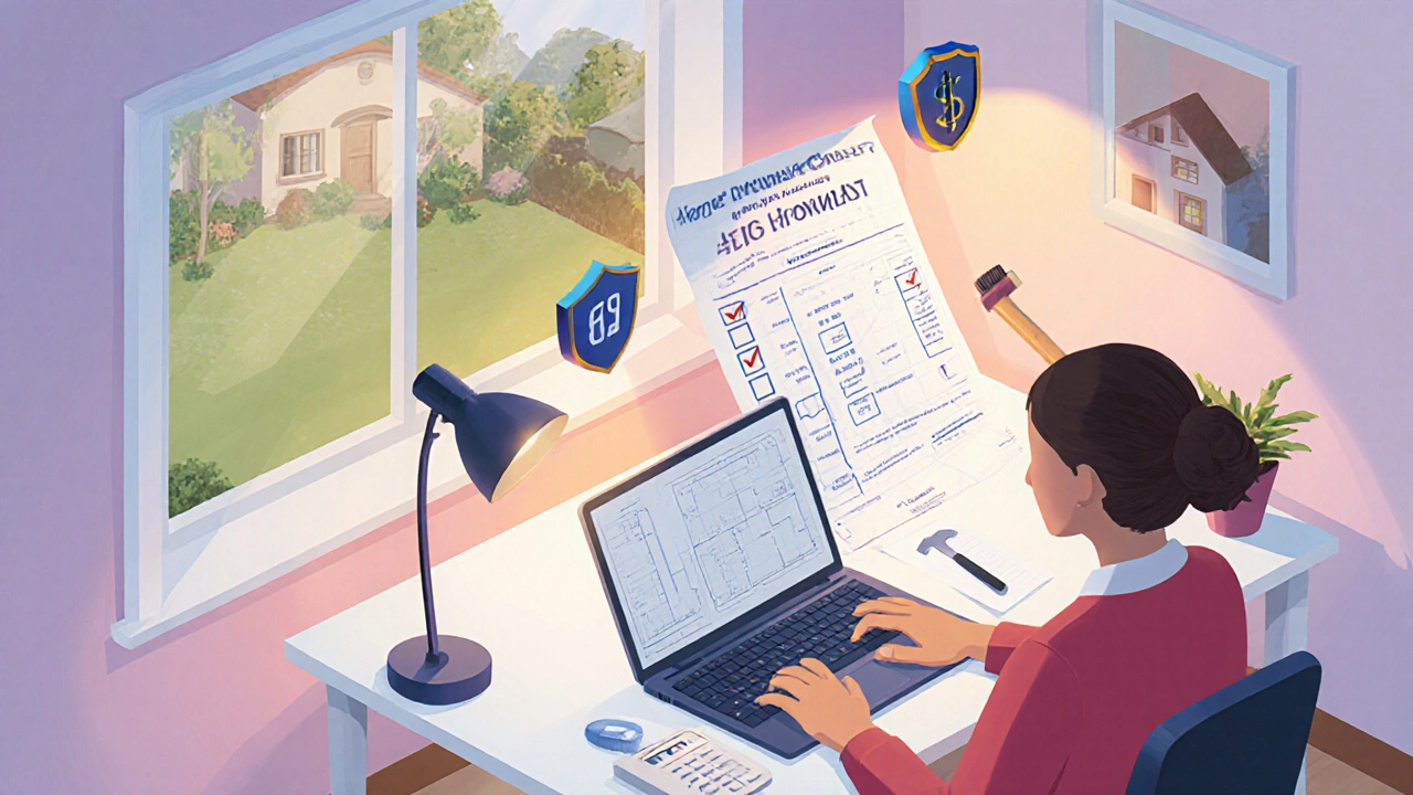 Isometric illustration of a person checking a homeowners insurance list at a desk.
