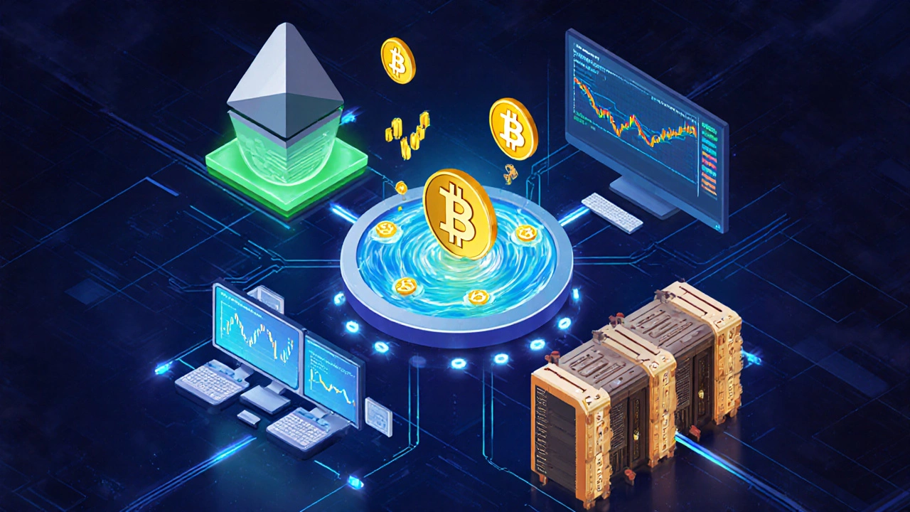 Isometric scene depicting staking, yield farming, trading, lending, and mining stations in a crypto hub.