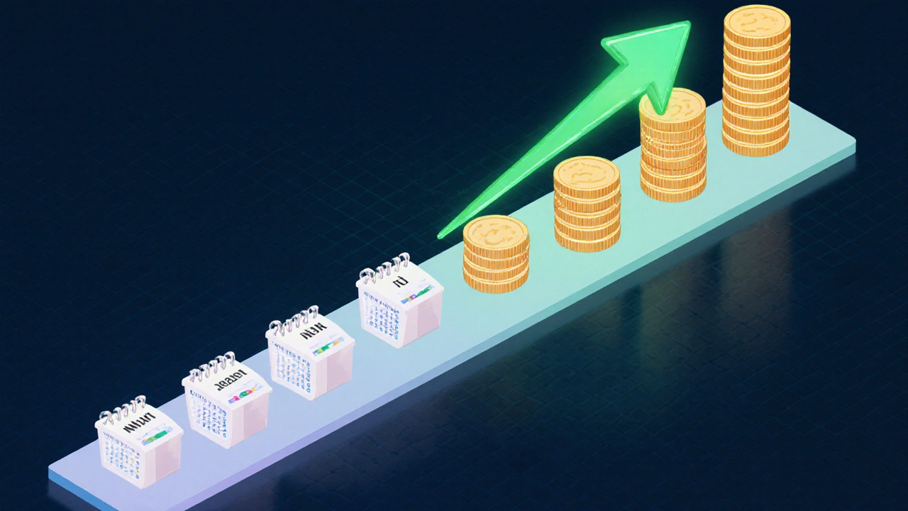 Isometric timeline showing shrinking coin piles for loan payments.