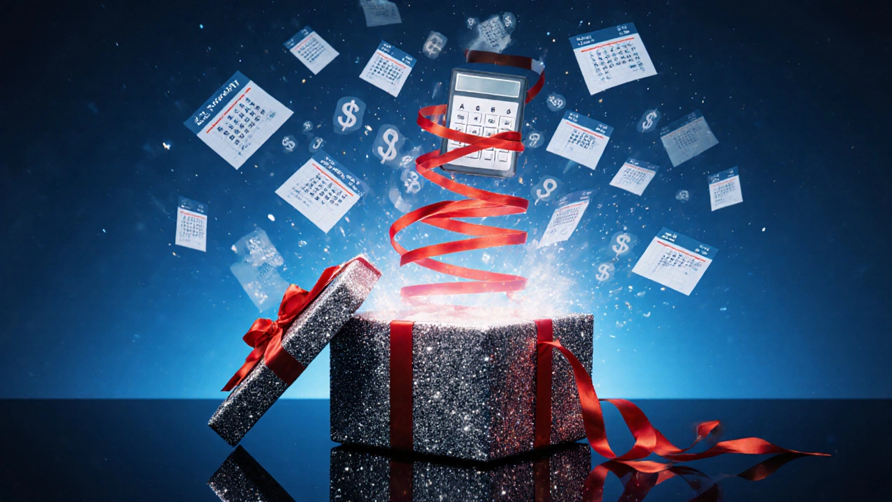 Opened gift box revealing tangled red ribbons and floating tax numbers.