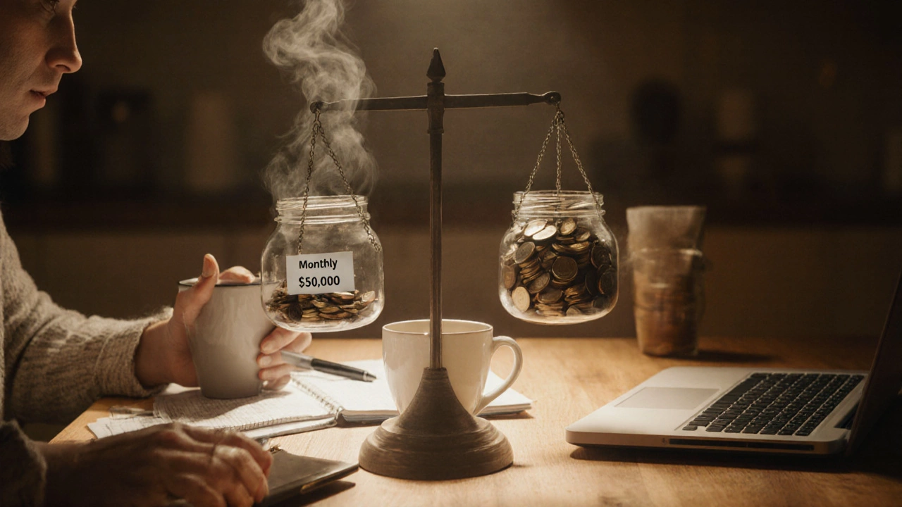 Person balancing monthly payment against savings in a warm kitchen setting.