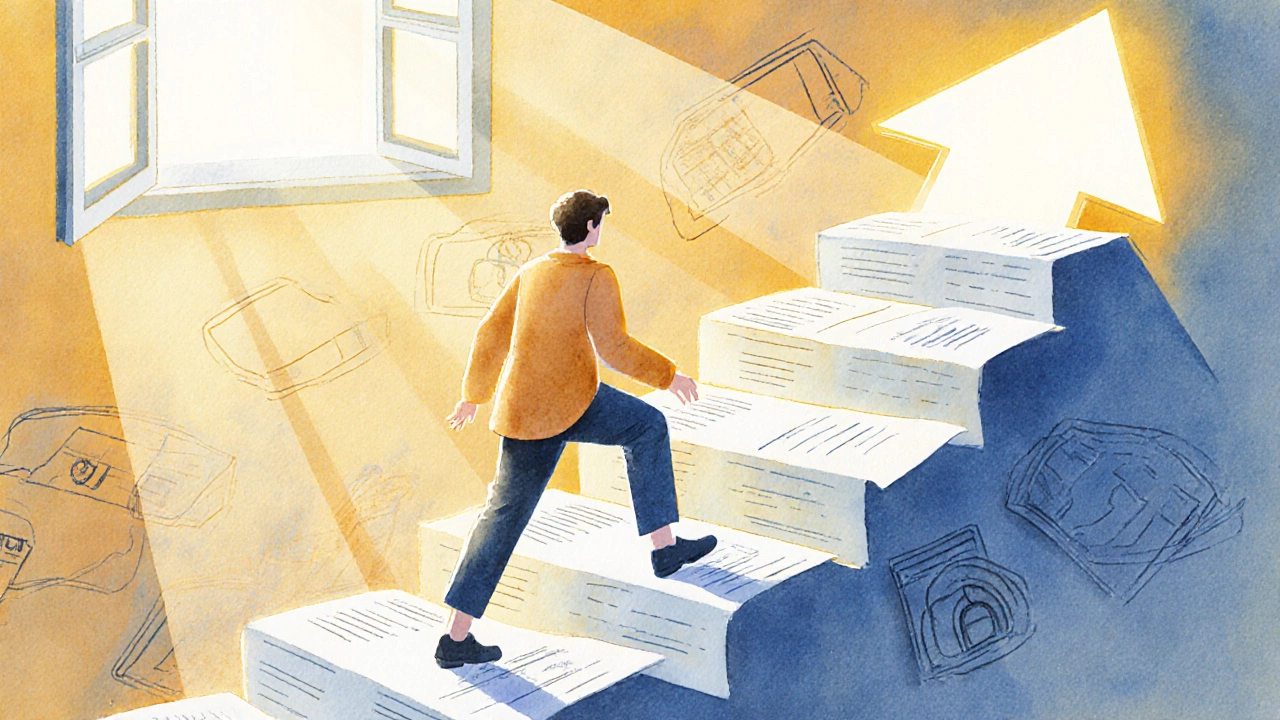 Person climbs a staircase of payments as credit score rises.