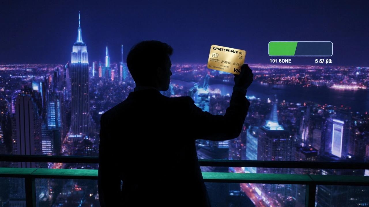 Person holding a Chase Sapphire Reserve card on a city balcony, celebrating approval.