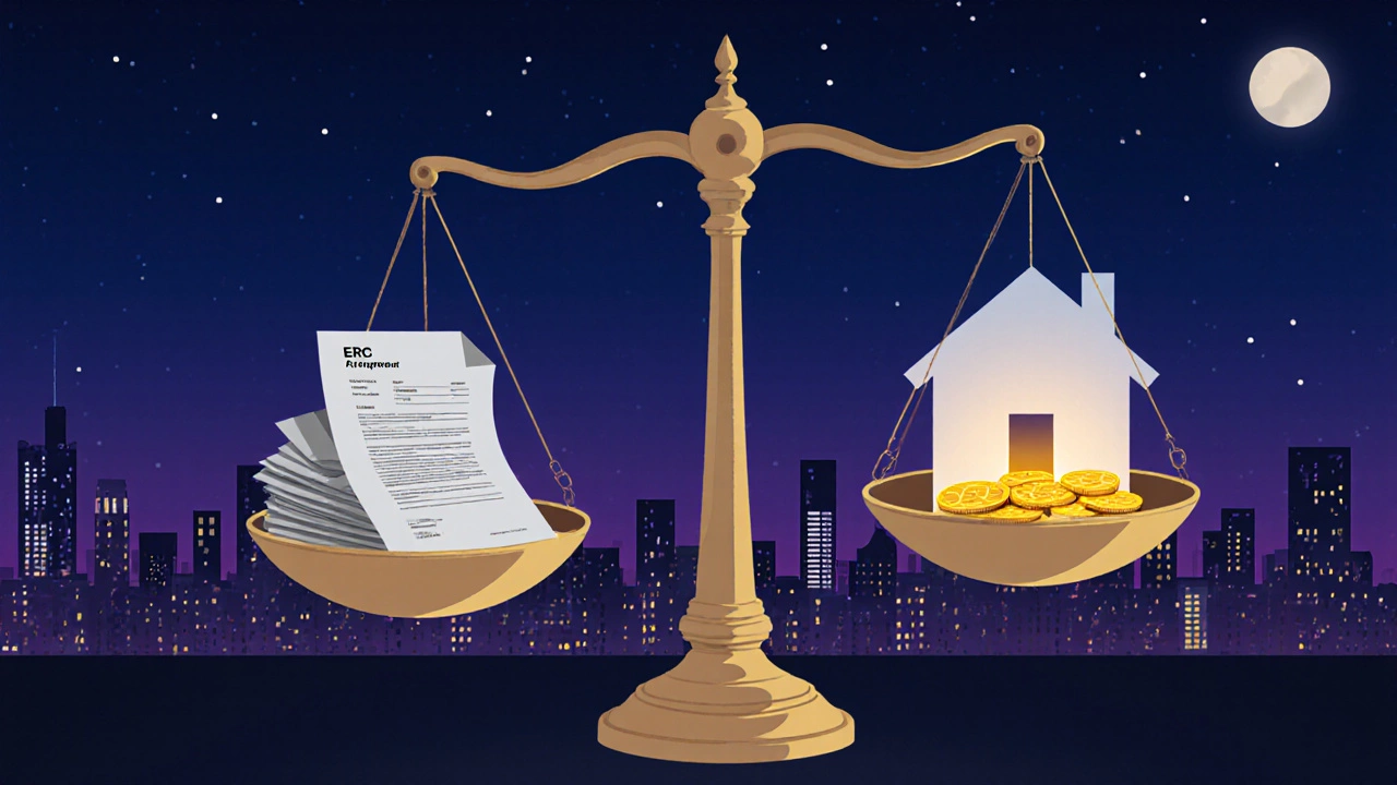 Scale balancing fees against savings and home equity against a dusk city backdrop.