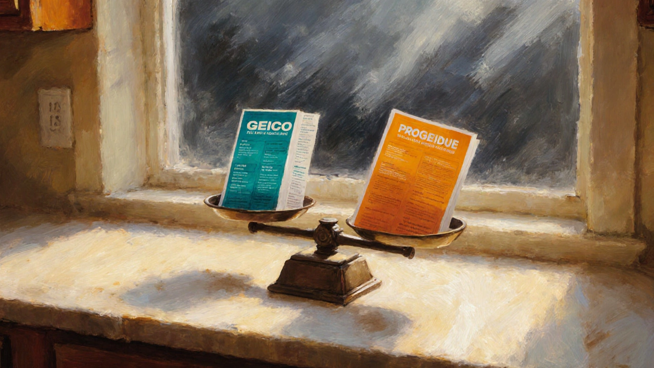 Scale balancing Geico and Progressive pamphlets on a kitchen table.