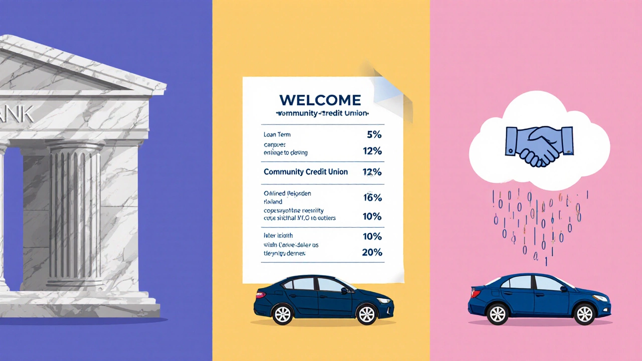Split illustration of bank, credit union, and online lender with car and loan terms.