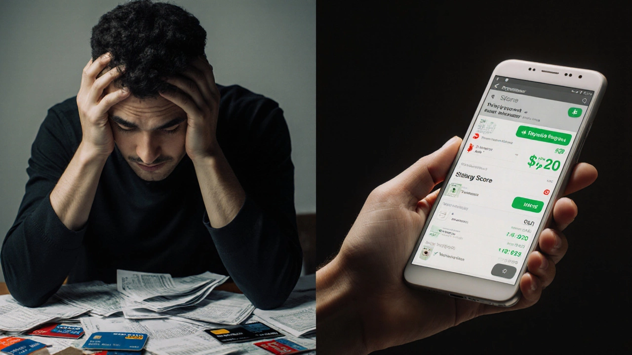 Split image: one side shows stress from too many credit cards, the other calm control with a high credit score.