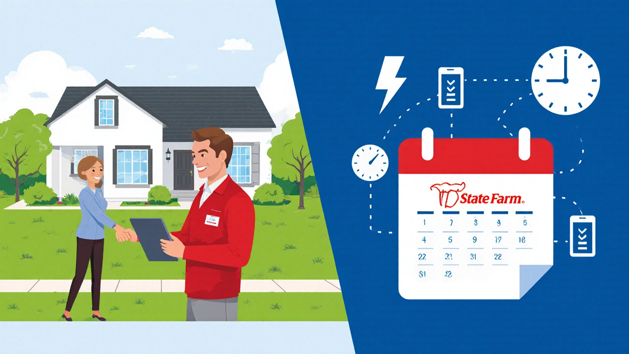 State Farm agent and homeowner shake hands while a calendar shows a 7‑day claim timeline.