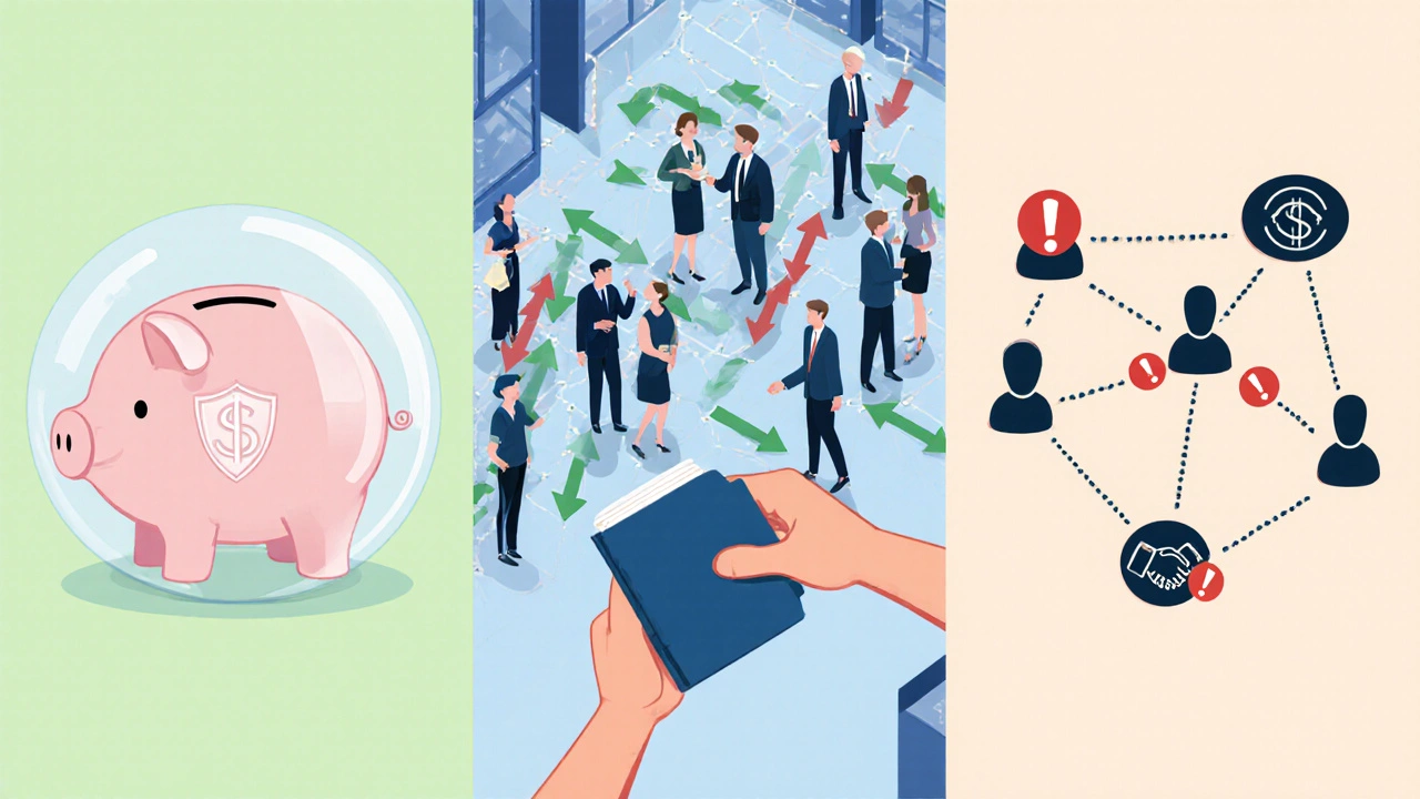 Three panels: piggy bank in bubble, stock exchange floor with arrows, handshake network with broken links.