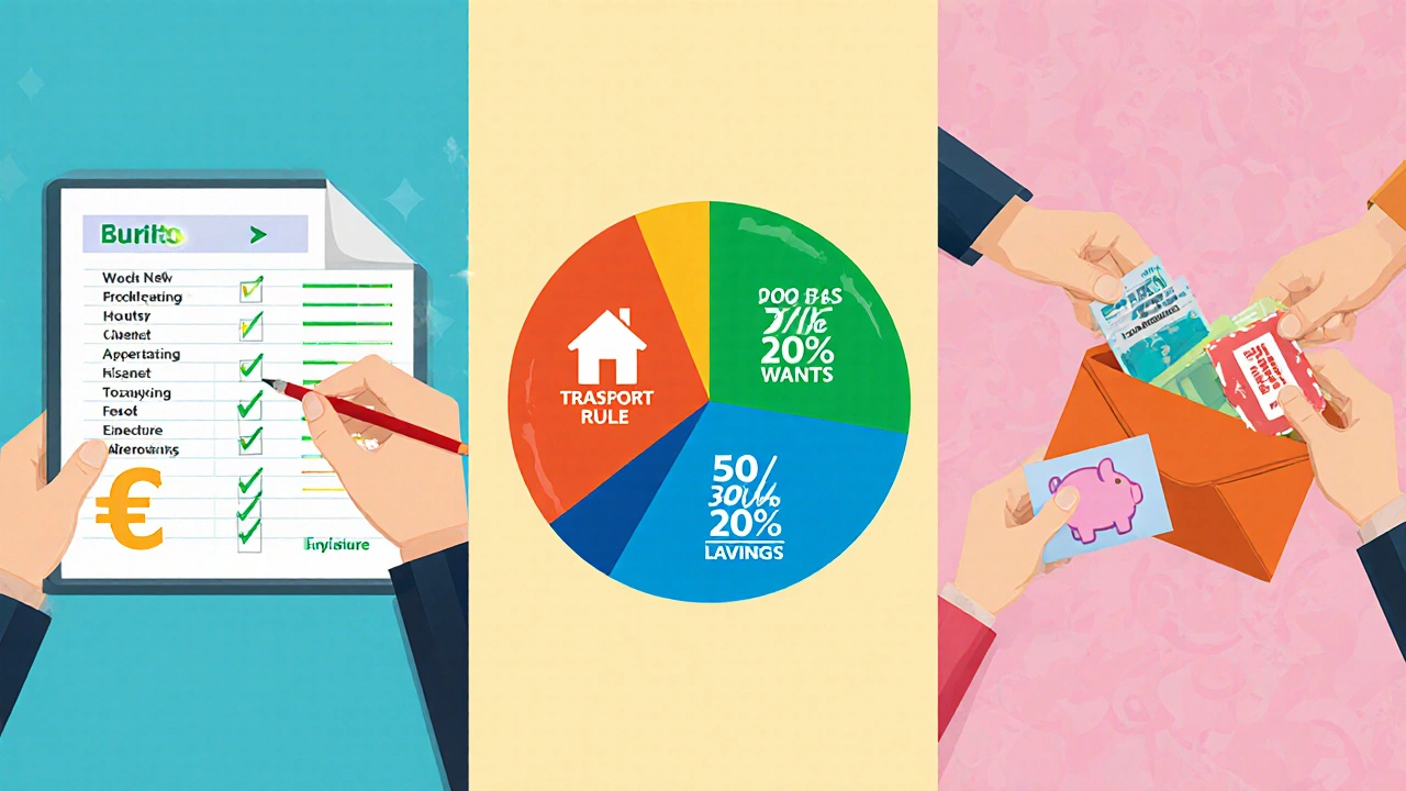 Three panels showing zero‑based budgeting on a spreadsheet, 50/30/20 pie chart, and cash placed in labeled envelopes.