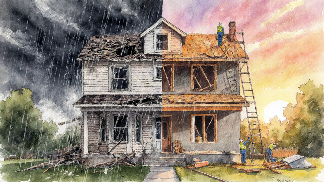 Watercolor scene contrasting storm‑damaged house with reconstruction work.