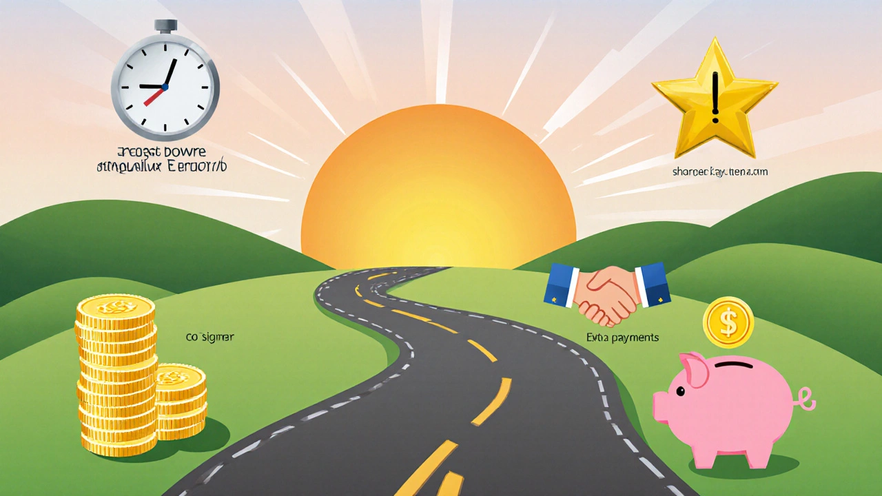 Winding road toward sunrise with icons for down‑payment, short term, credit score, co‑signer, and extra payments.