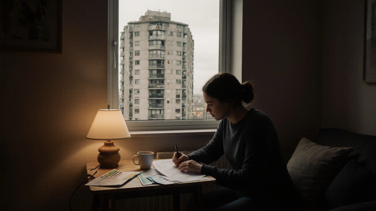 A person in Dublin reviewing bills under a lamp, with a daycare invoice and health insurance nearby, urban apartments visible outside.