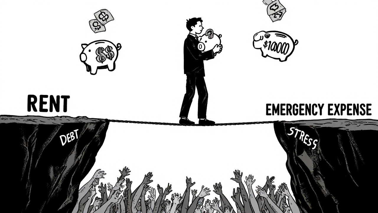 A person walking a tightrope between &#039;Rent&#039; and &#039;Emergency Expense&#039; cliffs, holding a ,000 piggy bank while others fall into debt pits.