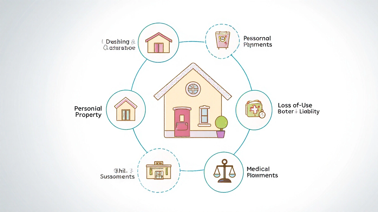Circular diagram of six home insurance coverage types around a house icon, using simple icons and pastel colors.