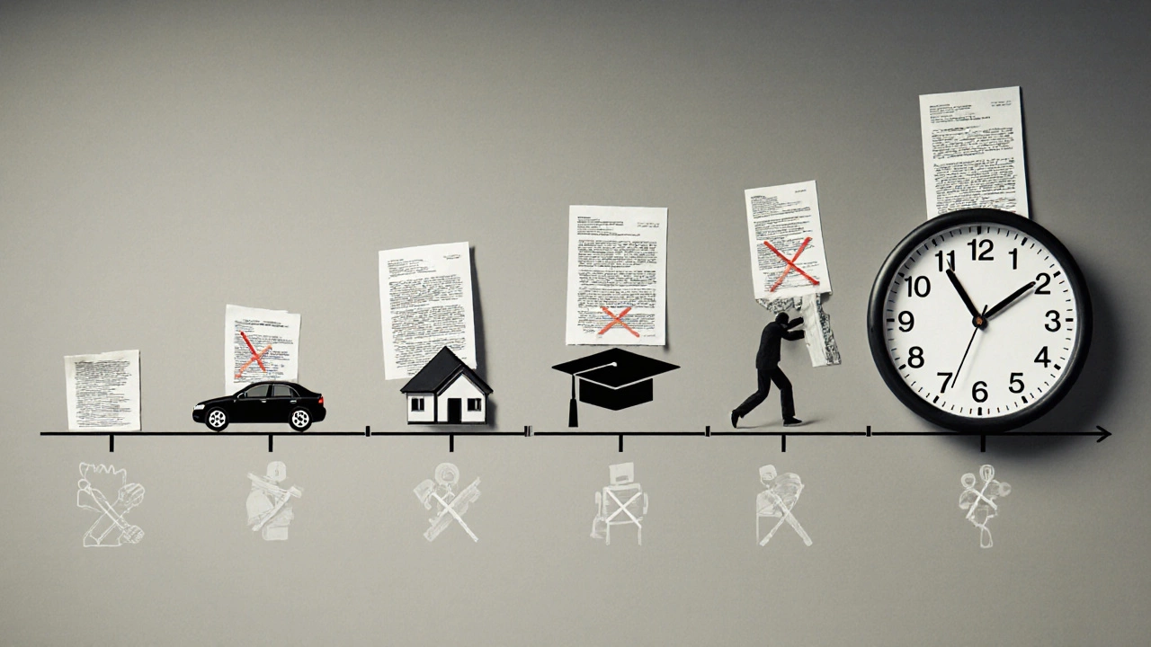 Clock made of loan documents ticking across decades, crossed-out life milestones around it.