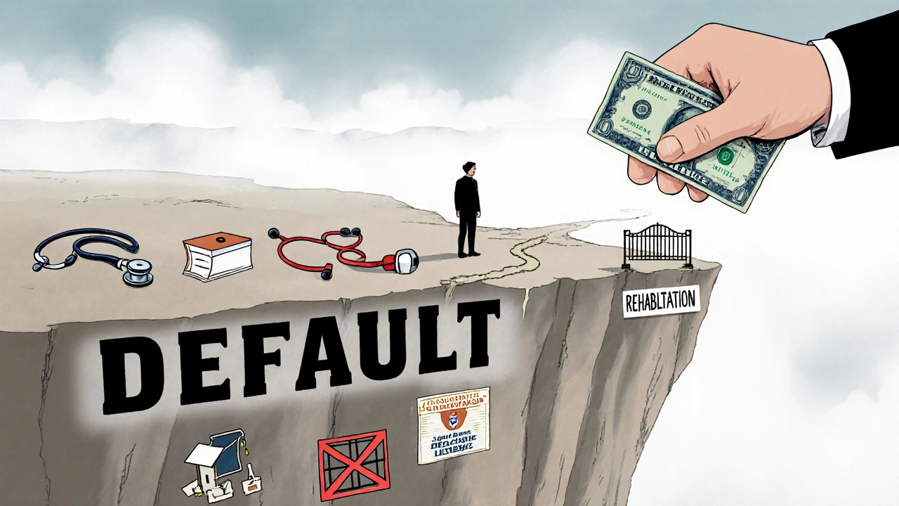 Individual at cliff&#039;s edge surrounded by lost career symbols, giant hand seizing Social Security check.