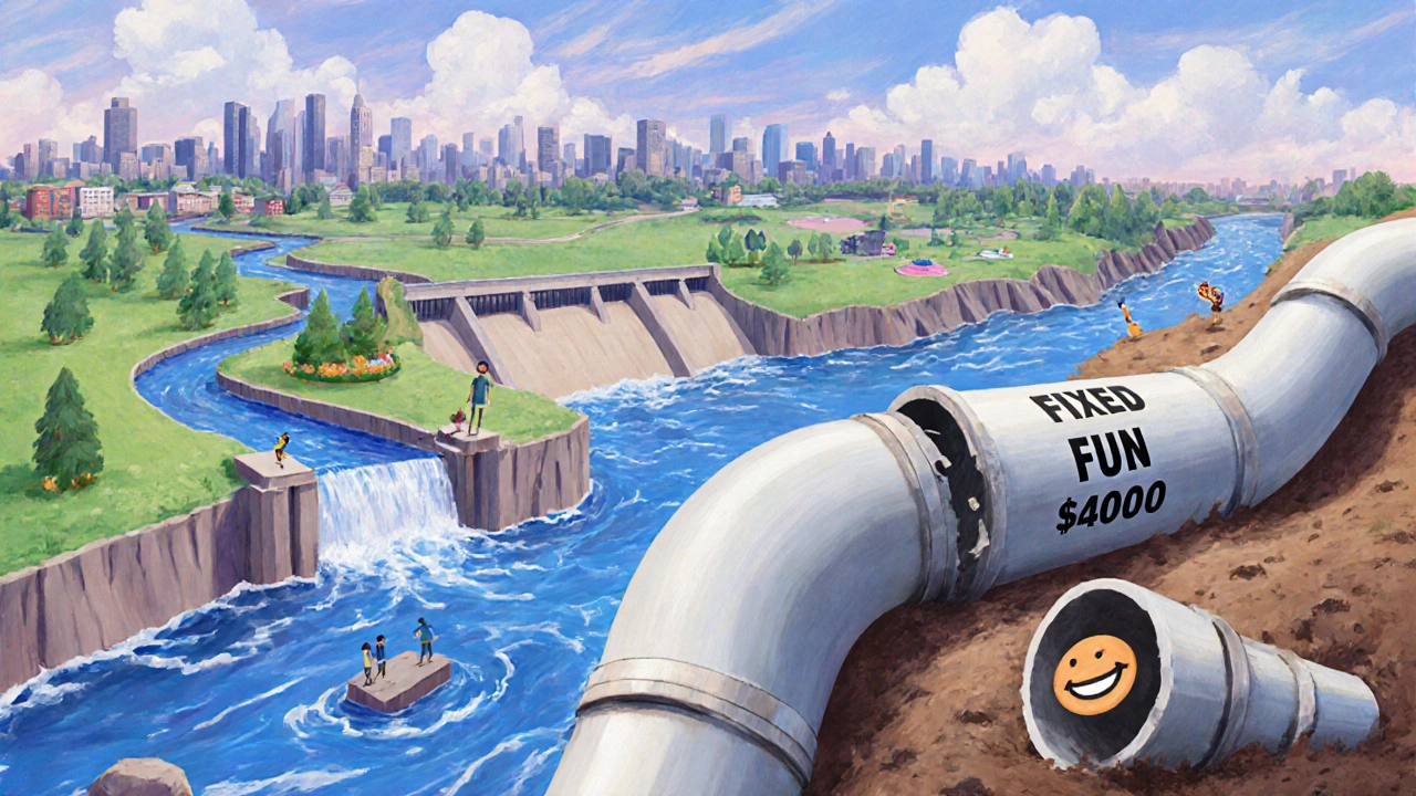 Living budget as a flowing river with income tides, savings dam, and a thriving fun fund oasis.