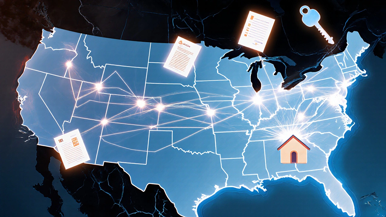 Map of U.S. showing top retirement states as glowing paths vs. high-cost states in shadow
