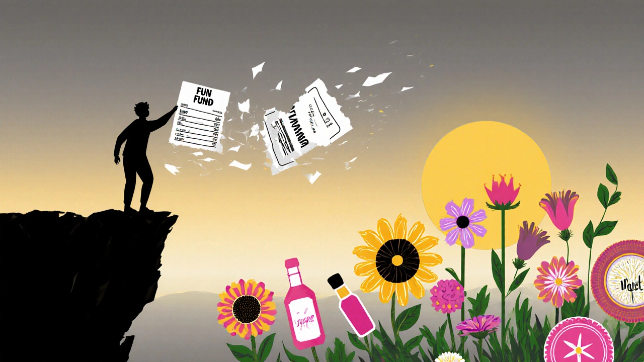 Person letting go of a restrictive budget as a vibrant fun fund garden grows behind them.