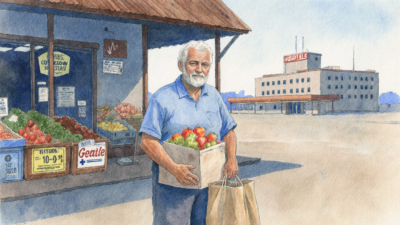 Retiree shopping in Mississippi with distant hospital visible