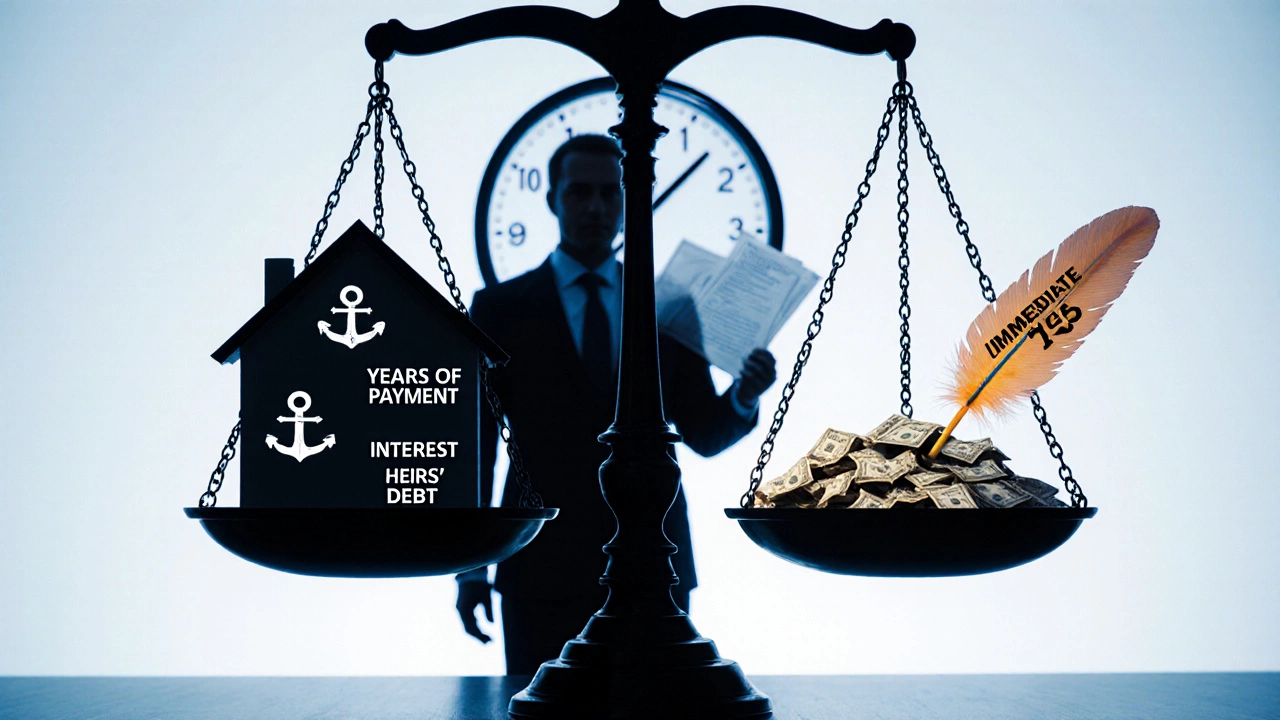 Scales balancing a house against cash, with debt anchors on one side and a clock ticking toward old age.