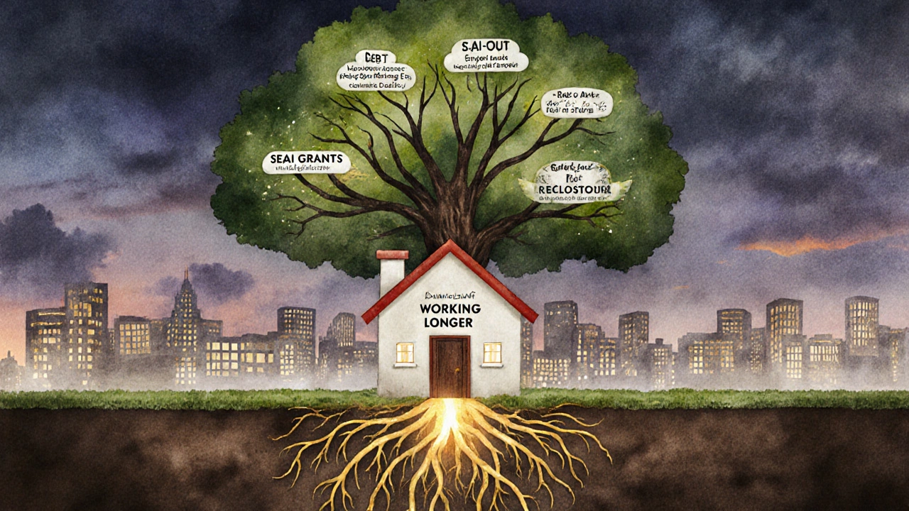 Symbolic watercolor house with financial choices as branches and alternatives as glowing paths above.
