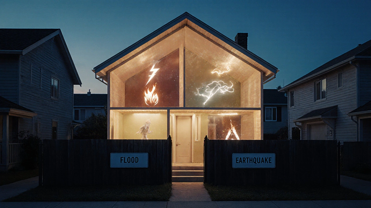 Transparent house with glowing covered risks inside and dark flood/earthquake barriers outside at twilight.
