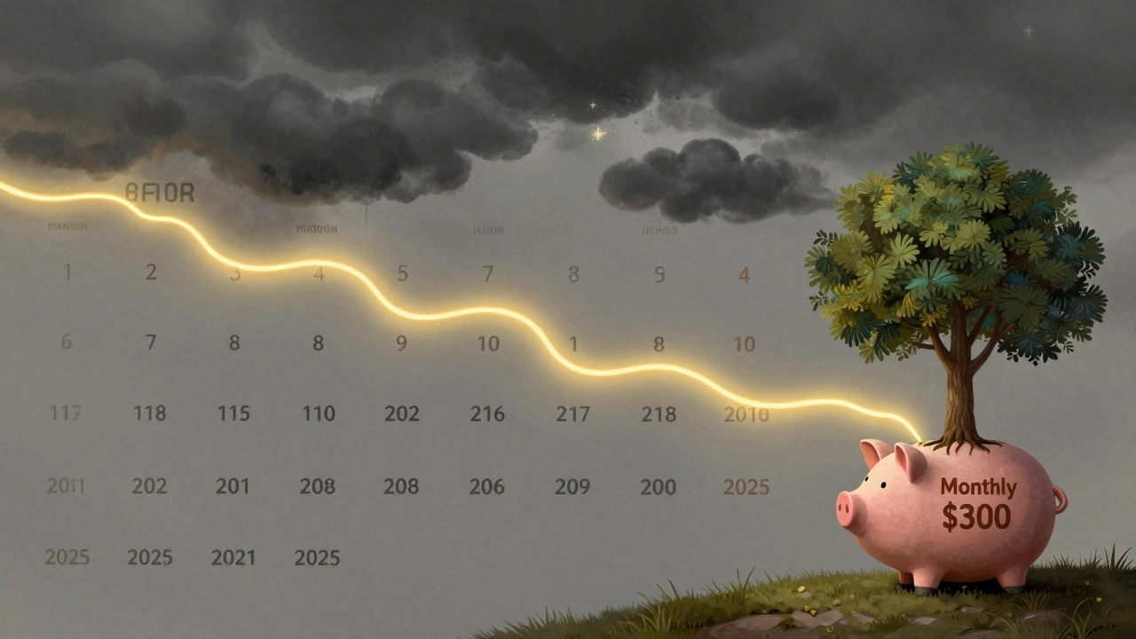 A golden thread connects market crashes over decades to a growing tree from a small monthly investment.