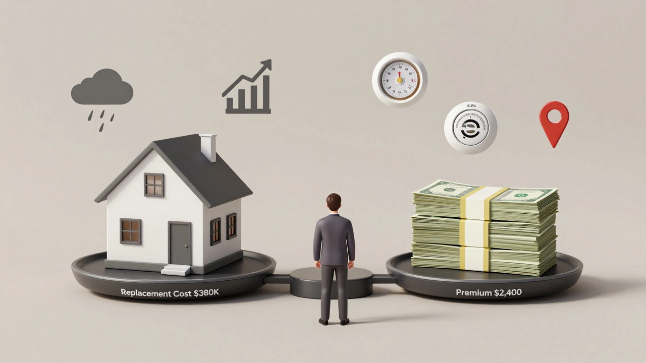 A homeowner facing a scale balancing home replacement cost against doubled insurance premiums.