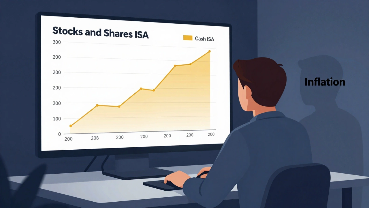 A person watching a Stocks and Shares ISA graph rise while inflation erodes a Cash ISA line.