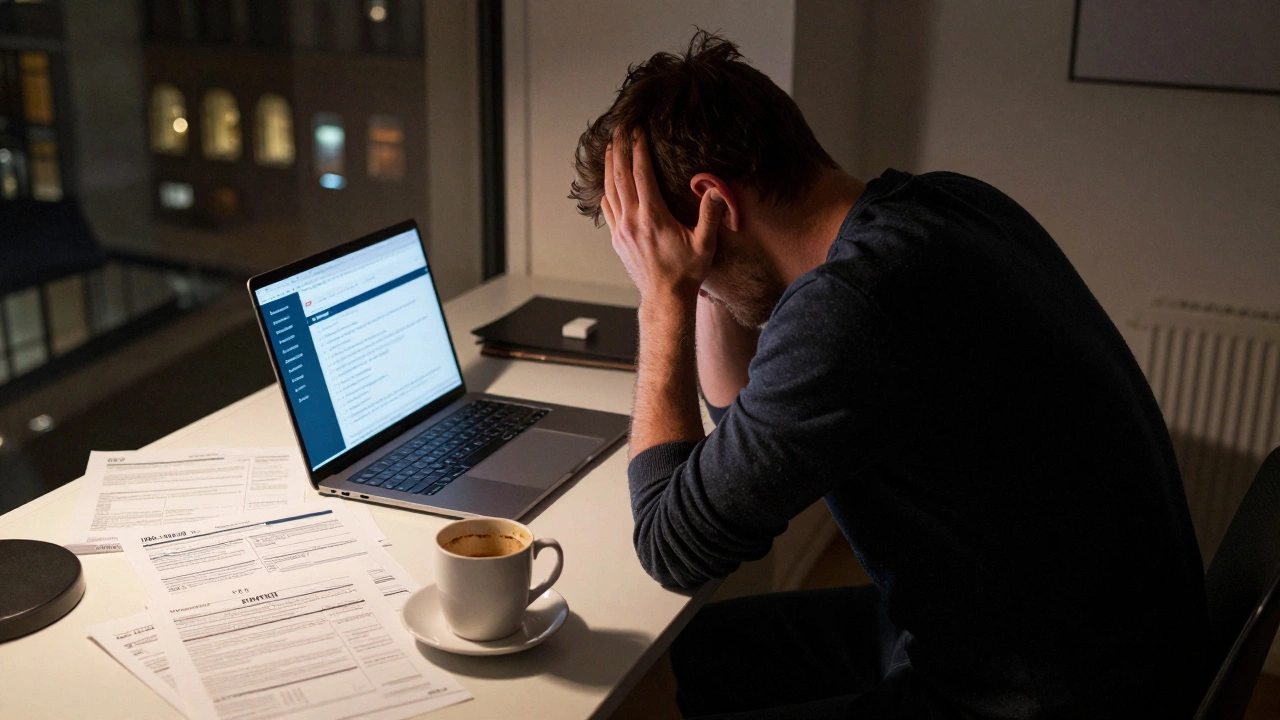 An expat in London surrounded by IRS tax forms and financial documents at night.